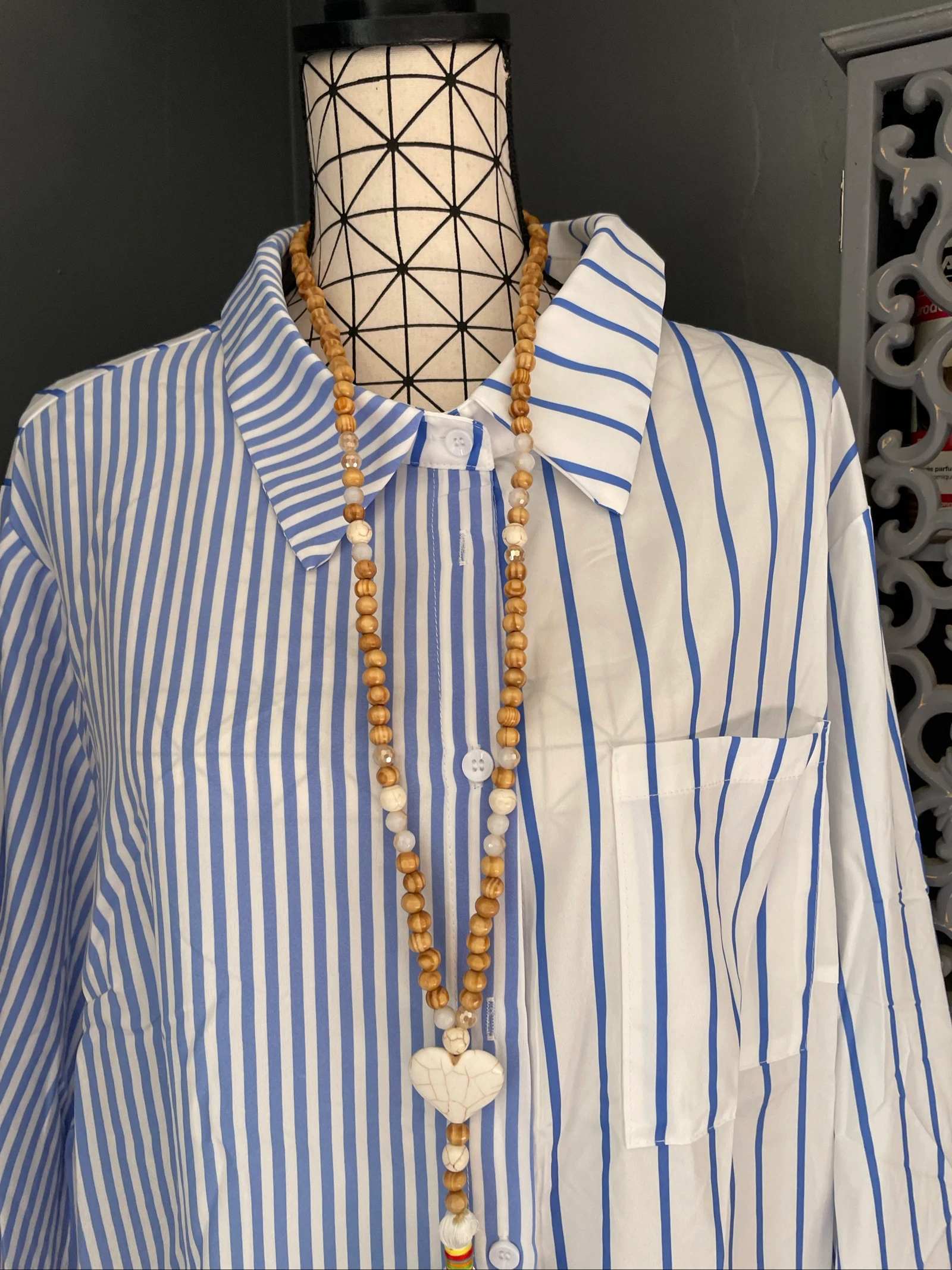 💖 chemise longa branca e azul céu listrada tamanho grande 56 oversize assimétrica 💖 – photo 5